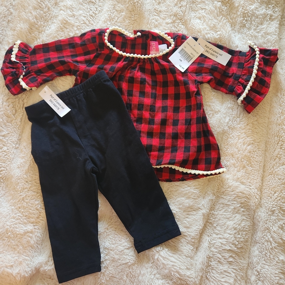 NWT Goodlad 6 Month Infant Girls 2 Piece Set Red And Black Plaid Holiday Outfit